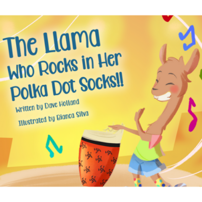 The cover of the first book in the Rhythm Rhyme Series, The Llama Who Rocks in Her Polka Dot Socks.
